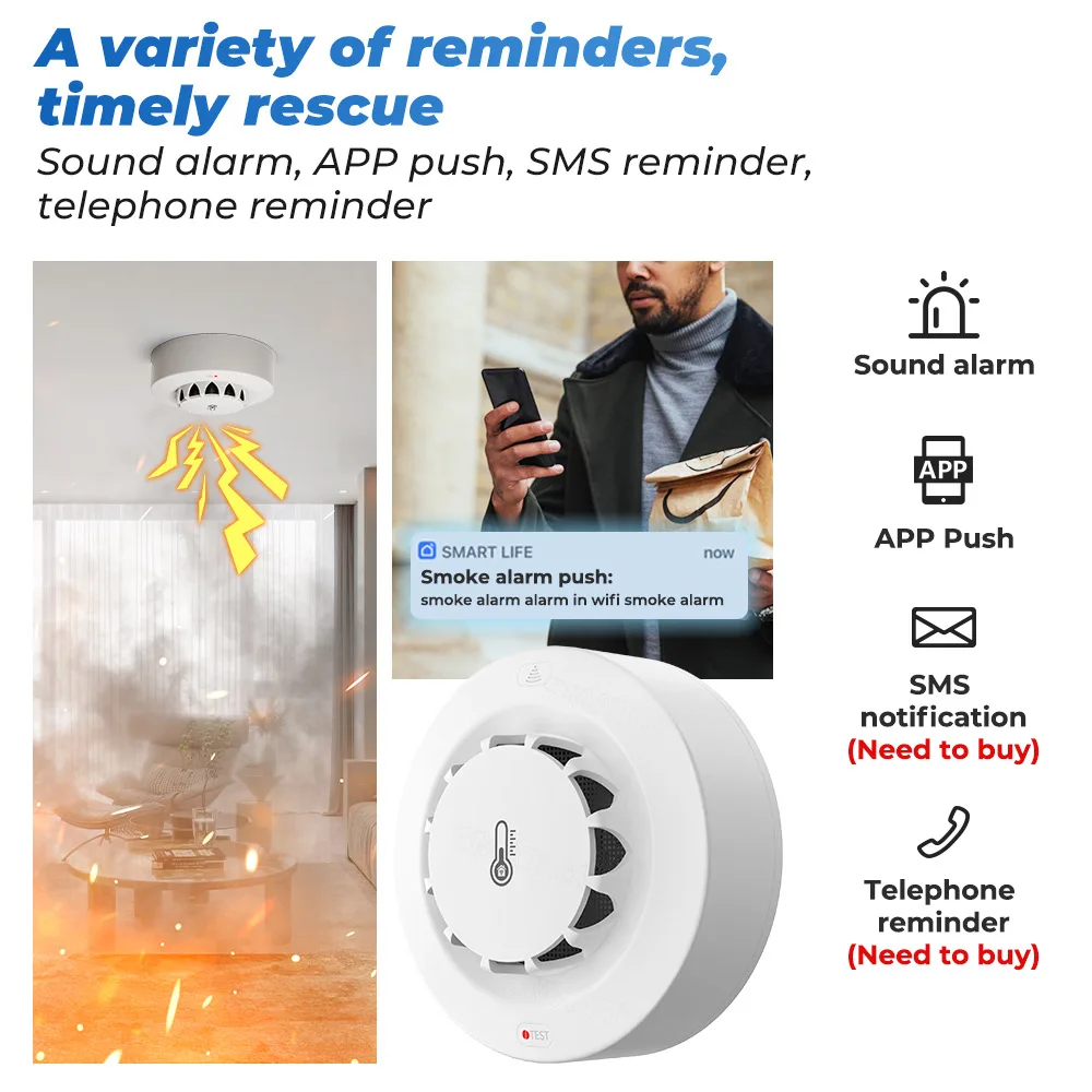Tuya Wifi BT Two Connection Sm - Smoke Detector Interconnected 评论和价格